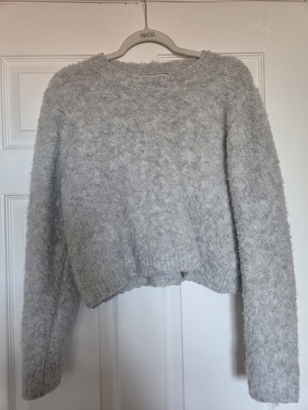 Mango Light Gray Fuzzy Crewneck Sweater
